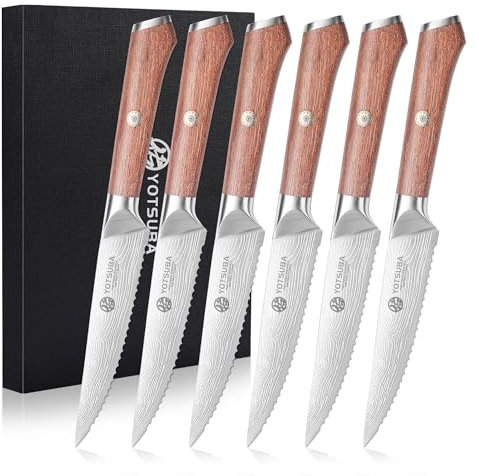 YOTSUBA Steakmesser Set 6-teilig, 12cm Küchen Steakbesteck Messer aus hochwertiger Deutscher Edelstahl, ultrascharfe Gezahnte Steak Küchenmesser und ergonomischer Holzgriff, Tafelmesser Geschenkbox