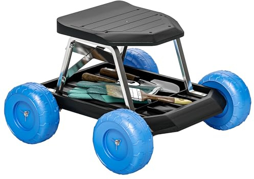 Outsunny Garden Cart with Wheels, Garden Stool Trolley with Tool Tray, Rolling Garden Seat for Planting, Weeding, Blue