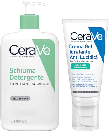 CeraVe Schiuma Detergente 473ml + Crema Gel Idratante Anti-Lucidità 52ml | Pelle Grassa e Mista