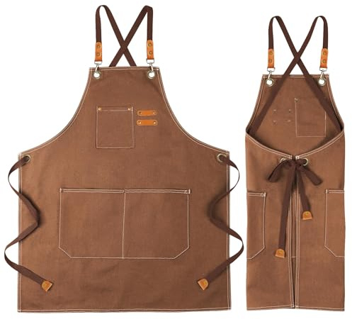 UDIANIS Chef Apron for Men Women - Cross Back Workshop Apron for Cooking, Baking, BBQ, Art Painting - Heavy Duty Denim Work Apron with Pockets for Garden, Craft, Garage (Brown)
