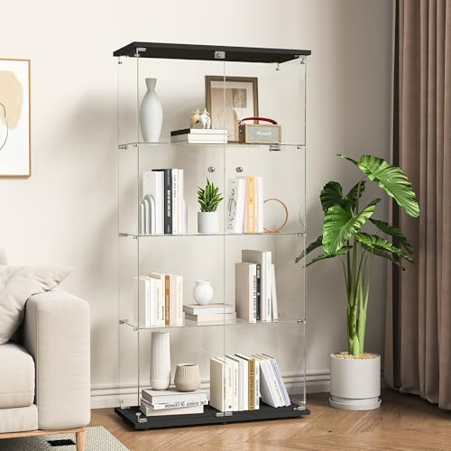 TIMORWTF Vitrine en Verre,Armoire Vitrine pour Collection,2 Portes à Serrure,4 Étagères Adjustables, 164x80.5x36.5cm, Noir
