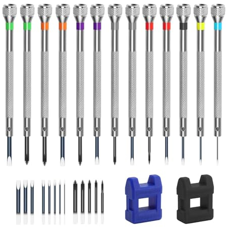 28 Pcs Watch Screwdriver Set, Watchmakers Screwdriver Set, Precision Screwdriver Kit for Watches, Jewelry, Eyeglassesd and Clocks (13 Screwdrivers, 13 Replacement Heads, 2 demagnetizer)