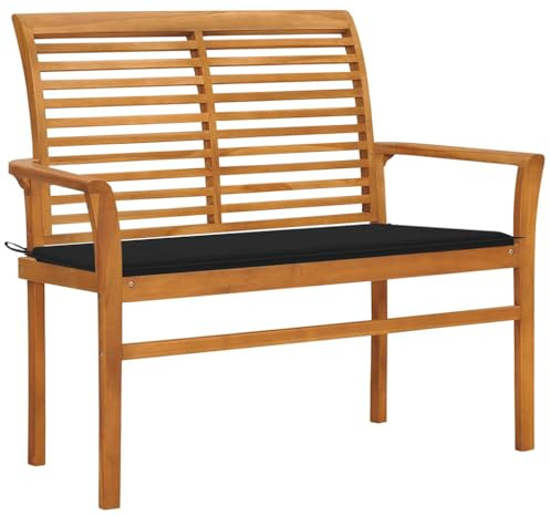 Mokuyary trädgårdsbänk med svart dyna 112 cm massivt trä teak sittbänk parkbänk, balkongbänk, utomhusbänk för trädgård, terrass, balkong