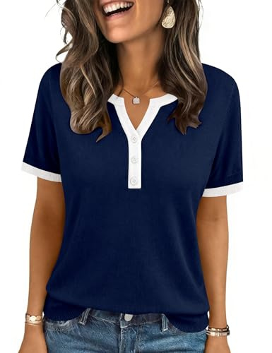 LOMON Womens Short Sleeve Sweater Casual V Neck Henley T Shirts Lightweight Knit Button Down Tops(Nevy Blue Striped,L)