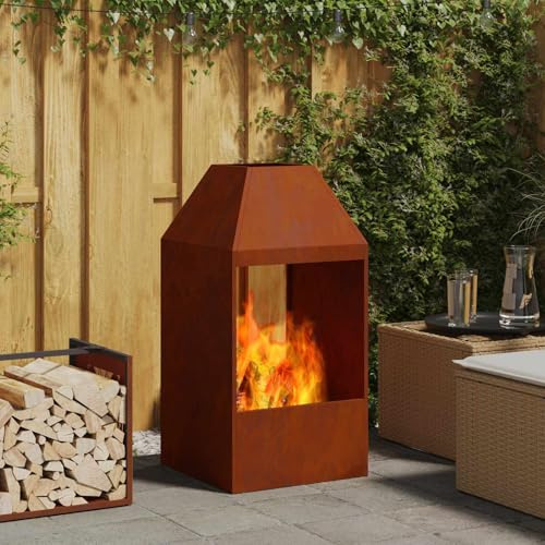 Kaloriko Brasero marrón de acero resistente a la intemperie, 50 x 50 x 100 cm, chimenea rectangular para jardín, terraza, balcón, exterior, con horno, calor, llama y cuenco decorativo