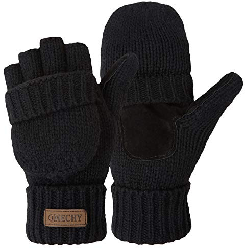 OMECHY Winter Knitted Fingerless Wool Gloves Thermal Insulation Warm Convertible Mittens Flap Cover for Men Women