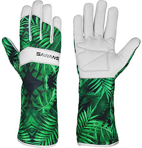 Guantes de jardinería de cuero para mujeres, hombres y mujeres, protección corta y larga del antebrazo, a prueba de espinas, transpirable, piel de cabra de elastano, guantes de (L, Guantes largos)