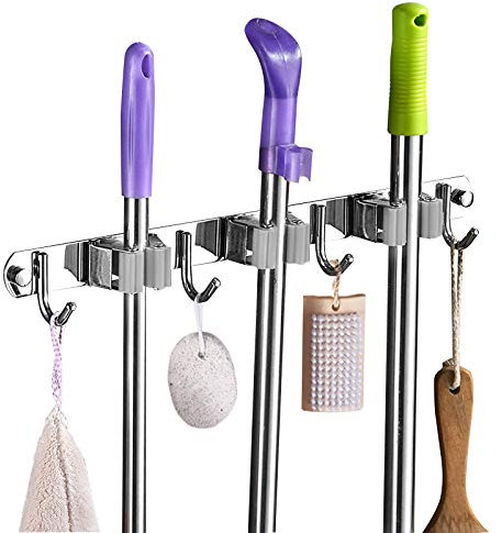 Tallgoo Gerätehalter Edelstahl,Wandhalterung Besen,Besenhalter Selbstklebend von Gartengeräte(Inkl. Schrauben und Klebestreifen) - 3 Halter und 4 Haken, Grau