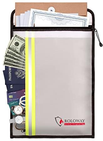 ROLOWAY Fireproof Document Bag (15 x 11 inch) with 2 Pockets, Fire Safe Envelope Bag for Cash, Legal Documents (Silver)