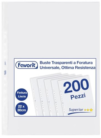 Favorit Buste Perforate Trasparenti, 22 x 30 cm, Adatte per Documenti A4, Lucide, 200 PEZZI
