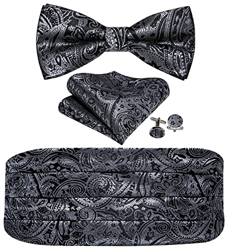 Barry.Wang Cummerbund Bow Tie Set for Men, Silk Cummerbund Pretied Bow Tie Pocket Square Cufflinks