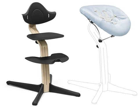 Stokke Nomi Silla (Negra) + Newborn Set (Negro/Azul Grisáceo) - Incluye un Arnés de Seguridad de Cinco Puntos y Un Set de Tela Reversible y Lavable - Soporta hasta 150 kg
