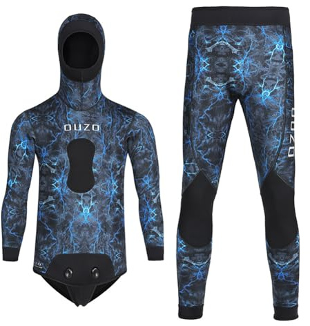 LEIDIMUS Traje de Neopreno de 5MM para Pesca Submarina con Capucha, 2 Piezas de Manga Larga, Traje de Caza Camuflado para Buceo en Aguas Frías,Azul,M