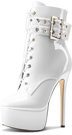 Aachcol Femmes Aiguille Haut High Talon Heel Plate-forme Bottines Rond Bout Lacets Fermeture à Glissière Mi Mollet Boucle Dress Bottes