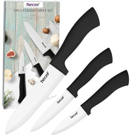hecef Set di Coltelli in Ceramica, 3 pezzi Professionali Coltelli Ceramica da Cucina Mai Arrugginito, Inclusi 6'' Coltello da Cucina, 4'' Coltello da Frutta, 3'' Coltello di Sbucciatura (Bianco)