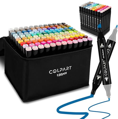 colpart Alkohol-Marker mit Doppelspitze, 120 Farben, Kunstmarker für Kinder, Marker für Erwachsene, Malzubehör, perfekt zum Malen, Malen, Zeichnen