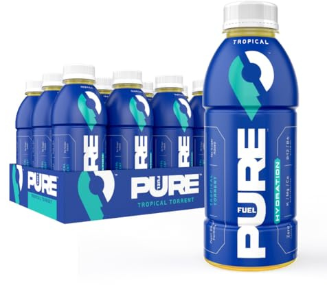 Pure Fuel Hydration Drinks Tropical Torrent - Plant-Based Healthy Electrolyte Drinks with B-Vitamins - No Added Sugar - 12 Pack x 16.9 fl oz Bottles
