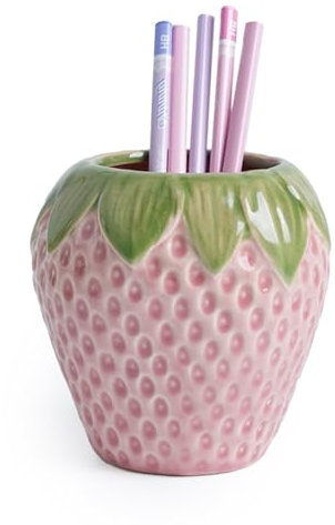 Sixbaole Pink Strawberry Ceramic Pencil Holder for Desk, Cute Office Decor