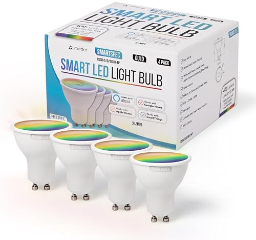 SMARTSPEC Smart Bulb 4 Pack, Smart WiFi LED Light. Works with Amazon Alexa, Google Home, Apple Home. Colour Changeable. Multicolour Smart Light Bulb ACK Matter GU10