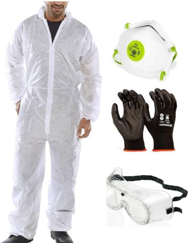 OS Smart Choice Lightweight Disposable Overall Set, 5 Overalls with Masks, Gloves and Goggles, Laboratory Protective Wear, Non-woven Polypropylene (White, MEDIUM)