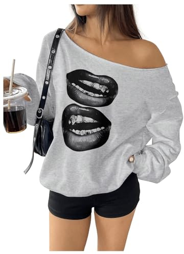 GORGLITTER Women's One Off Shoulder Lip Print Sweatshirts Long Sleeve Oversized Streetwear Pullovers Top Grey Medium