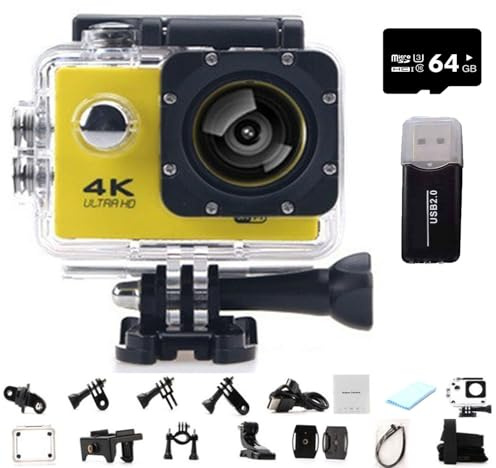 Roamix Vision 4k actionkamera, 140° ultravidvinkel WiFi-videokamera, vattentäta sportkameror för fotografering och dykentusiaster, spela in varje ögonblick i livet (gul, 64G)
