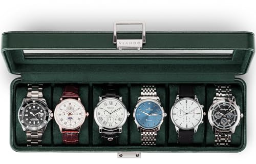 VLANDO Uhrenbox Herren, 6 Uhren Uhrenkasten Leder, abschließbarer Uhrenkoffer mit Glasdeckel, Watch Box Uhrenaufbewahrung mit PU Uhrenkissen, Geschenk für Väter, Ehemann, Freund Dunkelgrün