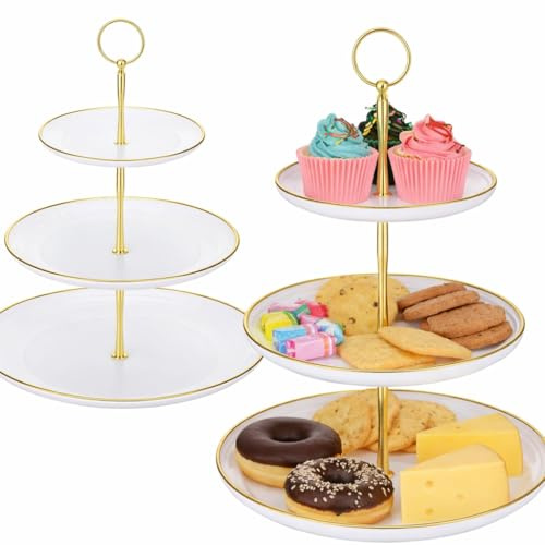 ZXBBTZ 2 PCS Soportes para Tartas 3 Niveles, Expositor para Postres y Pasteles, Soporte para Tartas y Cupcakes, Bandeja de Servir Vintage Blanca y Dorada para Boda, Fiesta de Cumpleaños y Pastelería