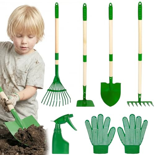 Set di attrezzi da giardinaggio per bambini 6 attrezzi da giardinaggio per bambini con pala e rastrello set di giocattoli da giardino verdi per esterni con manico in legno e teste in metallo