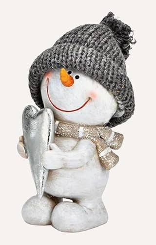TEMPELWELT Deko Figur Schneemann mit Herz 14 cm, Keramik grau weiß, Dekofigur Schneemannfigur Winterdeko Winter Weihnachten
