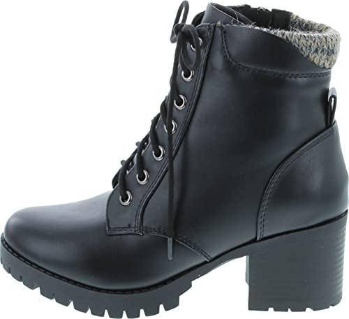 Soda Single Lug Sole Chunky Heel Combat Ankle Boot Lace up w/Side Zipper (Black Pu, 10)
