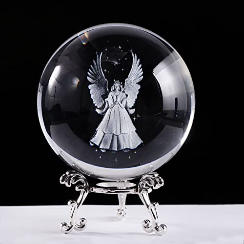8 cm graverad 3D bönande skyddsängel statyetter kristallboll med silverstativ minnesgåva för speciella människor ängel dekor för hem (8 cm)