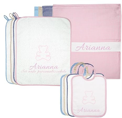 Coccole - Set Asilo Nido Personalizzato - Bavaglino, Sacca e Asciugamano - Kit 3pz per Bimba con Tema Stella Rosa - in Cotone 100% Made in Italy