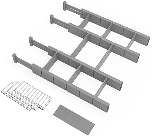 SpaceAid Bamboo Drawer Dividers with Inserts and Labels, Kitchen Adjustable Drawer Organizers, Expandable Organization for Home, Office, Dressers, 4 Dividers with 9 Inserts (17-22 Gray)