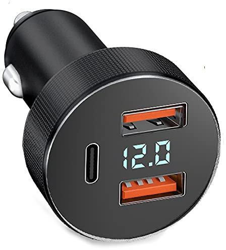 72W USB C Car Charger, 36W PD and Dual 18W QC3.0 Fast Charge Car Adapter, Metal Cigarette Lighter with LED Voltmeter Compatible with iPhone 14/Pro/Pro Max/13/12/11,Samsung S23/22/21/S20 Ultra (Black)