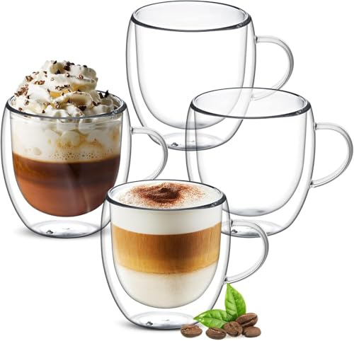 Ulrikco 250ml/8oz Double Walled Borosilicate Glass Coffee Mugs with Handle, Clear Coffee Cups Set of 4, Insulated Drinking Glass Cup for Latte, Cappuccino, Espresso, Hot/Cold Drink