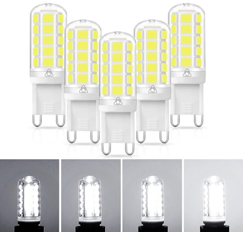 EvaStary Bombilla LED G9 3W Regulable, Blanco Frio 6000K, Equivalente a Halógeno de 40W, Sin Estroboscópico 400LM, G9 Lámpara de Enchufe LED para Dormitorio, Salón, Paquete de 5