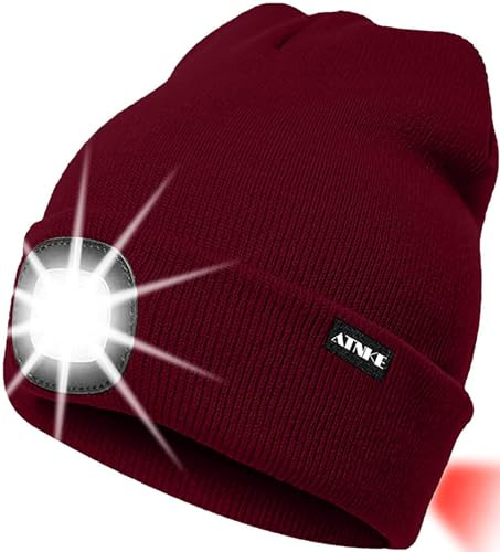 ATNKE 8 LED upplyst stickad mössa, USB-laddningsbar löpning pannlampa keps ultralätt vattentät lampa och blinkande larm röd bakljus flerfärgad, Vinrött, one size