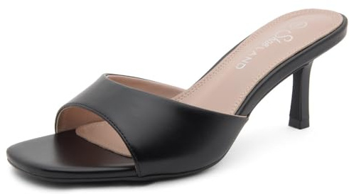 Shoe Land Women's Low Heels Stiletto Heeled Slides, Open Toe One Band Slip-On Heeled Mules – Dressy Heeled Sandals for Prom, Party Wedding and Vacation, Black, Size 8.5, Deverena