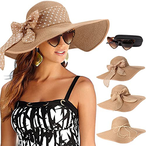 DRESHOW Damen Breit Krempe Strohhut Faltbar Schutz Strandhut Elegant Sommer Hut Sonnenhüte UPF 50+, Farbe: 1 Set Khaki (1 Hat+3 Bows+1 Glasses)