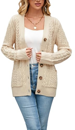 BuyiRen Womens Cardigan Sweaters Cable Knit Sweater 2026 Fall Winter Chunky Open Front Button Down Coats with Pockets Cream US 16-18