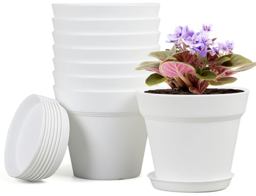 Homeuouz 8 Packs Blumentopf mit Untersetzer, 10cm Pflanzentopf, Plastik Übertopf mit Mehrere Ablauflöchern, Hydrokultur Topf, Blumentöpfe Set Ideal für Innen und Balkongärten,Weiß