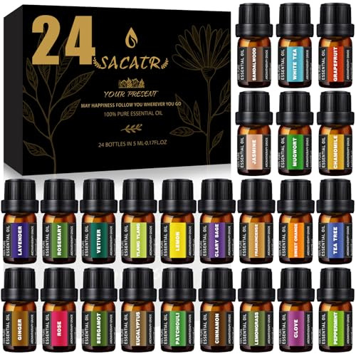 SACATR 24 Pcs Essential Oil Set - Natural Essential Oils - Perfect for Diffuser, Humidifiers, Skin Care, Massage, Fragrance Oil Scent for DIY Candle and Soap Making (24 * 5ml)