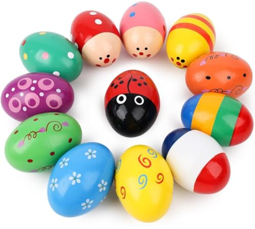KOMUNJ 12 unidades de madera para huevos de Maracas Percussion Musical, niños Baby Wood Huevo Maracas Shakers Music Percussion Juguetes para Fiesta - Caza de Pascua - Color aleatorio