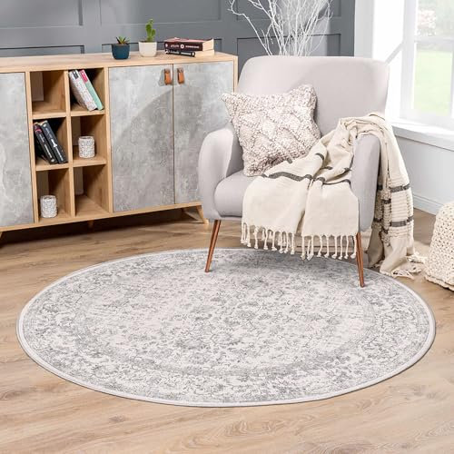 HUGEAR Vintage Waschbarer Teppich Rund 120cm Runder Wohnzimmer Grau Schlafzimmer Rutschfester Tepich Kurzflor Schlafzimmer Carpet Living Room Bedroom Esszimmer Teppiche Büro