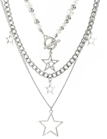 BelleVive 3pcs Y2k Star Silver Necklace Set, Grunge Multiple Necklace, Kawaii Star Multiple Necklace, Cute Aesthetic Stacking Toggle Necklaces, Gothic Vintage Emo Jewelry Set