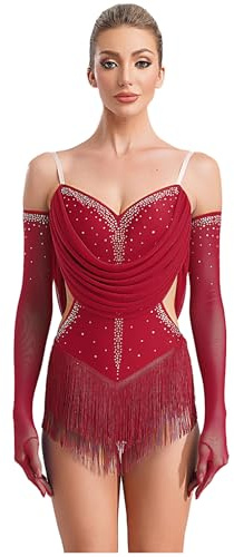 renvena Donna Abito da Ballo Latino Americano con Nappa Frange Body da Pattinaggio Artistico + Guanti Lunghi Leotards Danza Classica Costume Danza del Ventre Rosso M