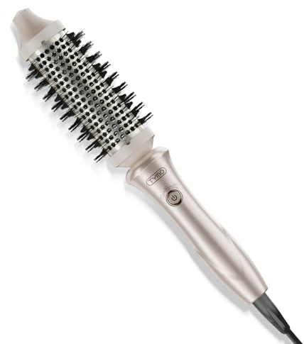 TYMO Thermal Brush Curling Brush - STYLUX 1.5 Inch Blowout Volumizer with Flexi-Fit for Hair Straightening, Heated Round Styler Tool, Hair Straightener and Curler 2 in 1, Dual Voltage, Gold