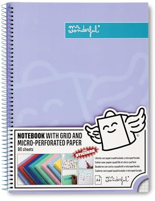 Mr. Wonderful - Cahier violet A4 - Grille et feuilles microperforées - 80 pages - Couverture extra rigide - Reliure spirale - Autocollants inclus