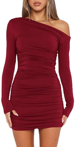 ELFIN Women's Sexy Bodycon Mini Dress Long Sleeve Off Shoulder Ruched Club Party Evening Short Dresses Wine